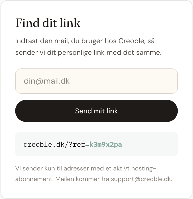 Kortet Find dit link med feltet til din mail og knappen Send mit link