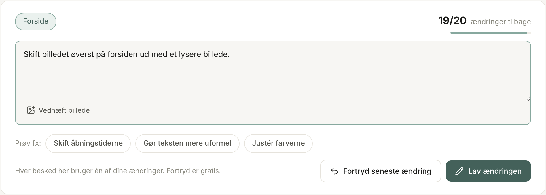 Feltet under Lav en ny ændring med tælleren, Vedhæft billede og knappen Lav ændringen