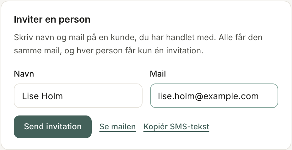 Kortet Inviter en person med Navn og Mail udfyldt og knappen Send invitation