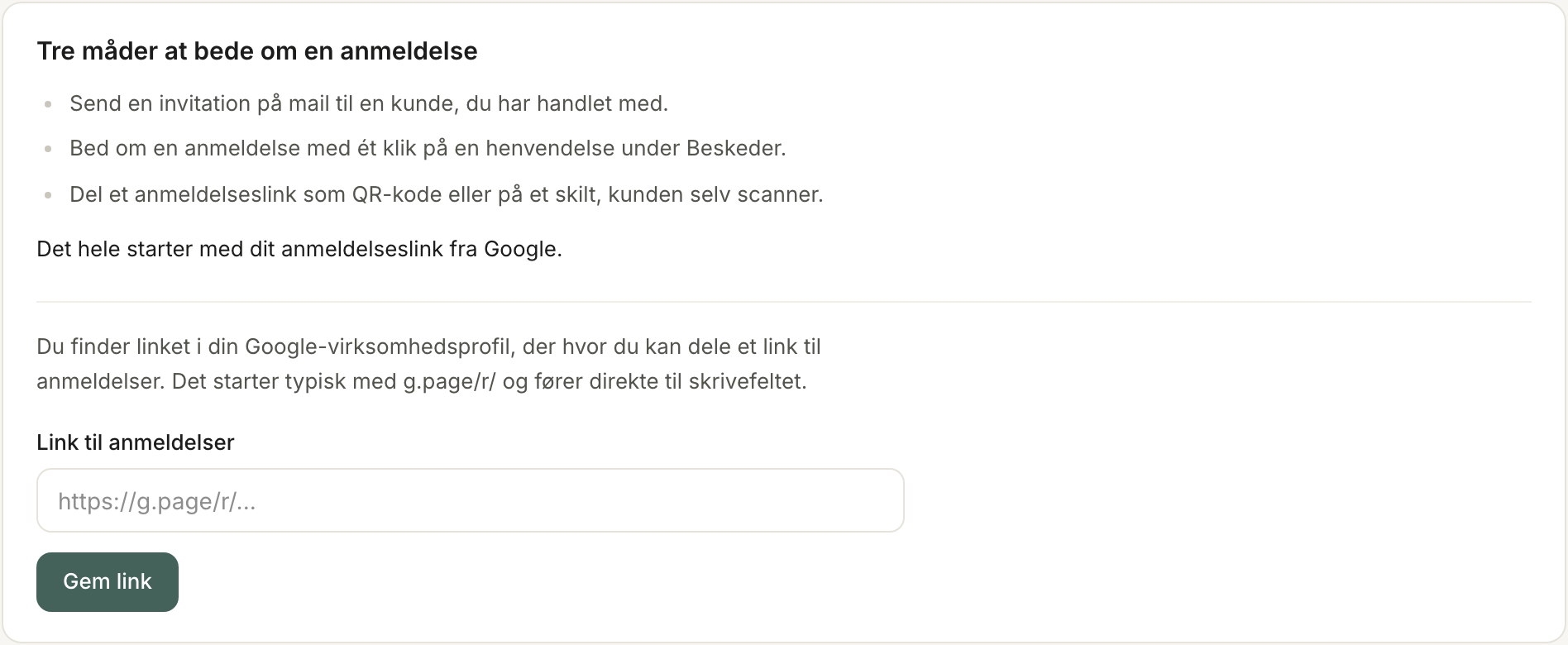 Anmeldelser-siden med feltet Link til anmeldelser og knappen Gem link