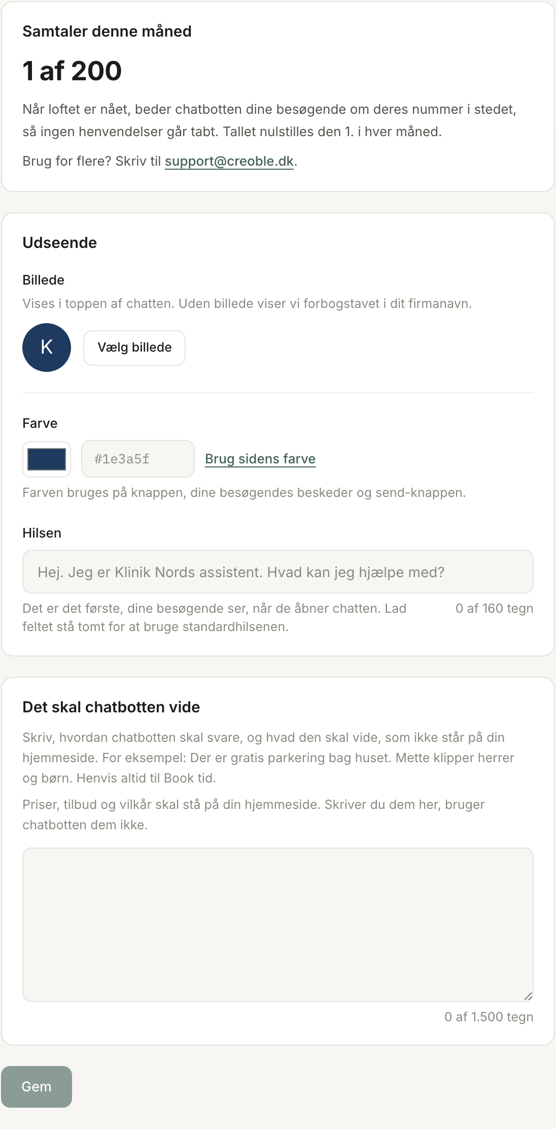 Fanen Opsætning på Chatbot-siden med Udseende, Det skal chatbotten vide og Gem