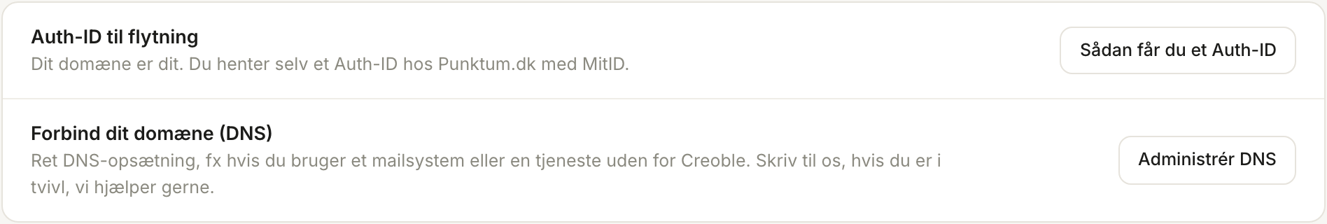 Rækken Auth-ID til flytning under Administration på domænets side