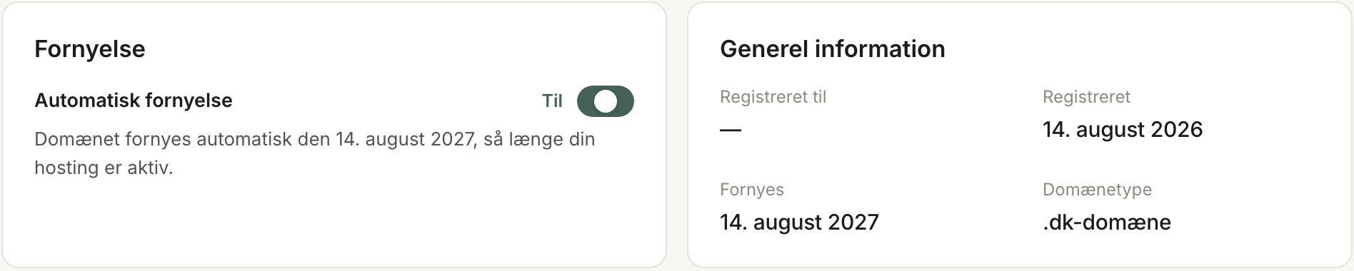 Kortene Fornyelse og Generel information for et domæne, der hører til en hostingpakke