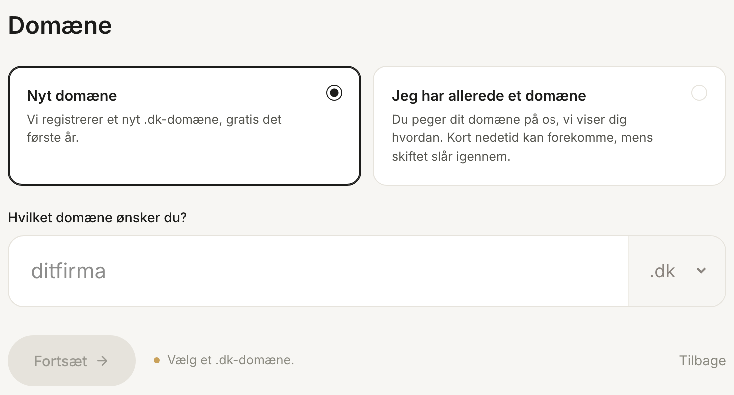 Trinnet Domæne med valgene Nyt domæne og Jeg har allerede et domæne