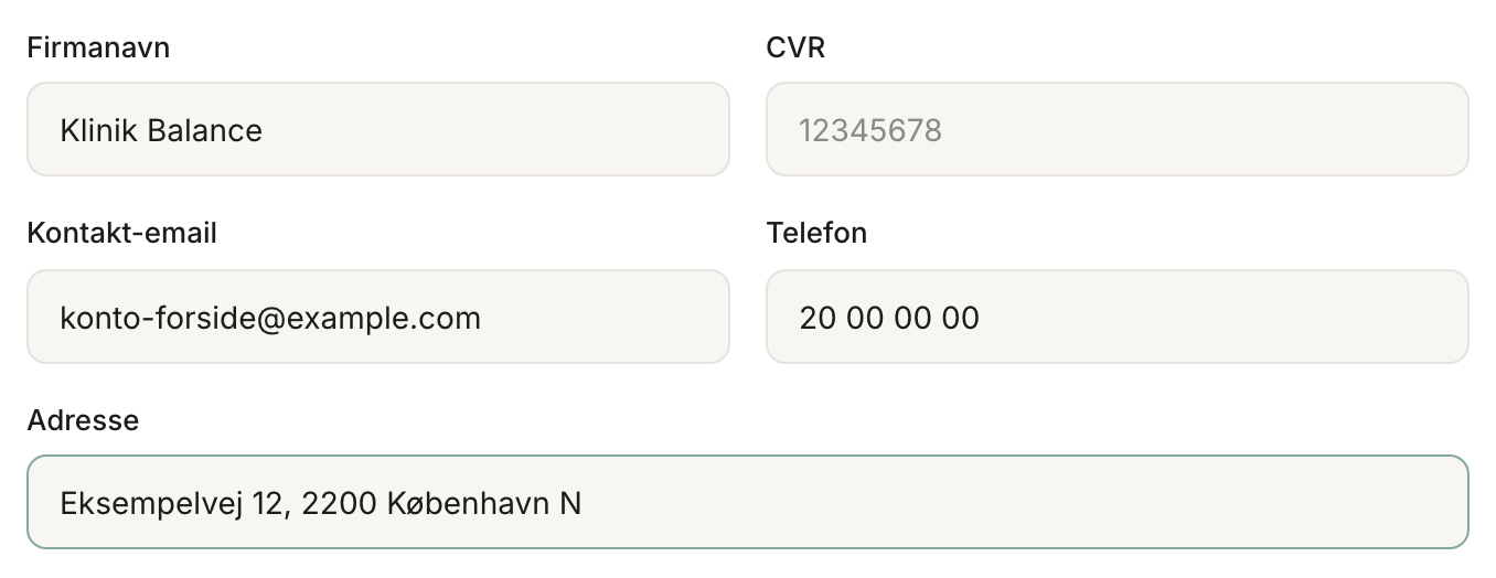 Felterne under Dine oplysninger: Firmanavn, CVR, Kontakt-email, Telefon og Adresse