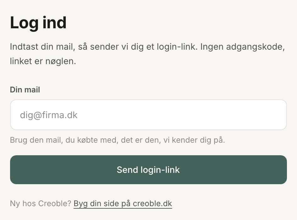 Siden Log ind med feltet Din mail og knappen Send login-link