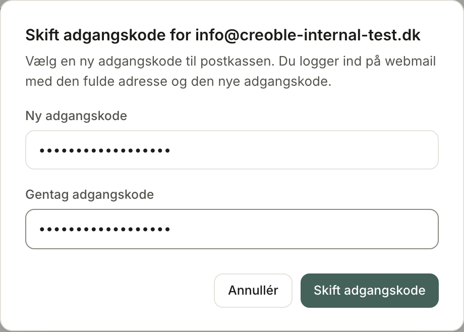 Vinduet Skift adgangskode med begge felter udfyldt