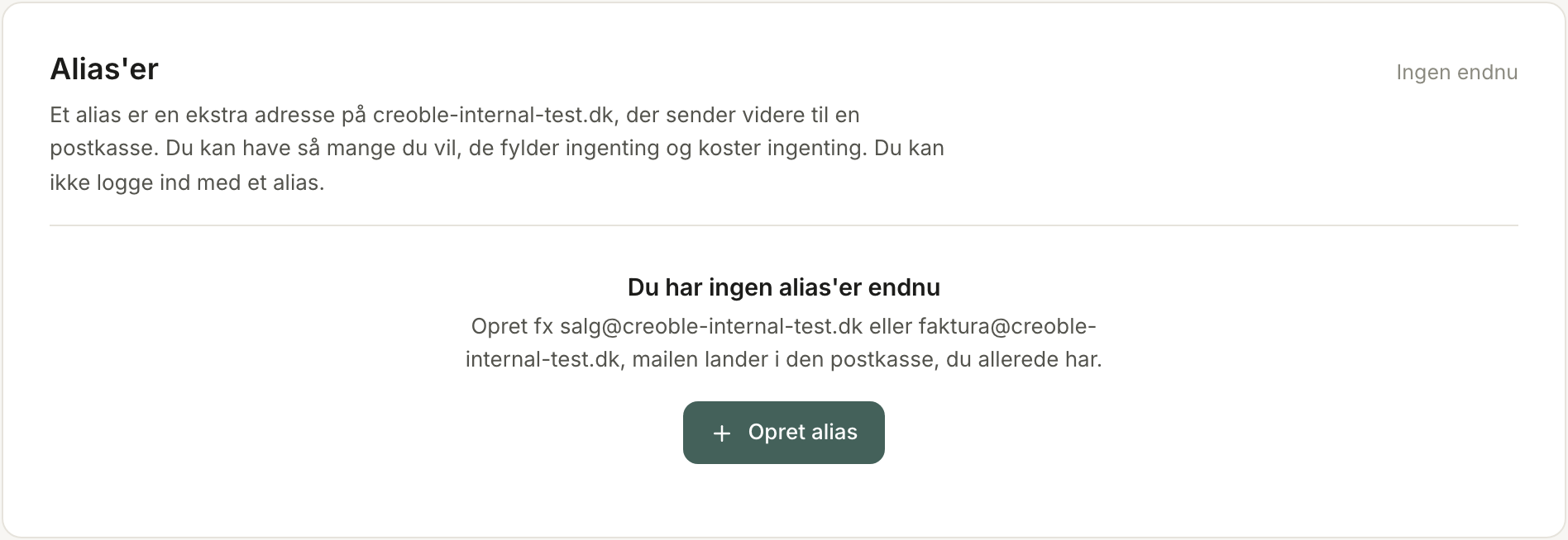 Kortet Alias'er på Mail-siden med knappen Opret alias