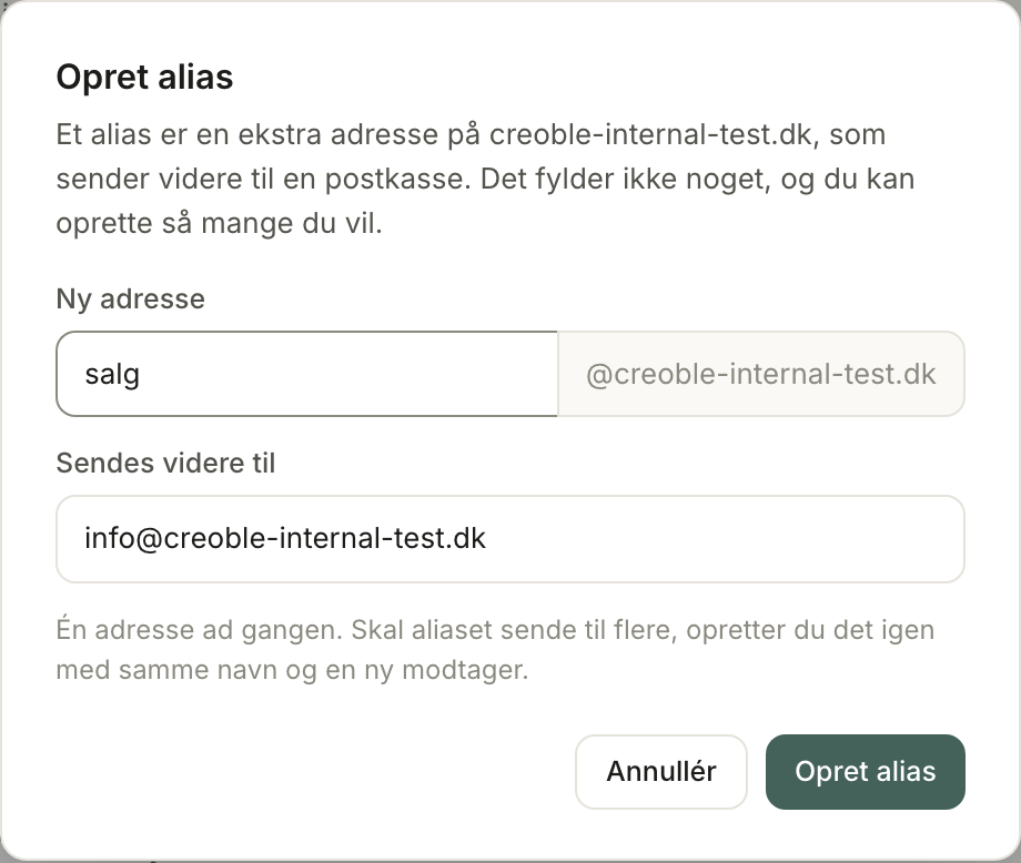 Vinduet Opret alias med salg som ny adresse