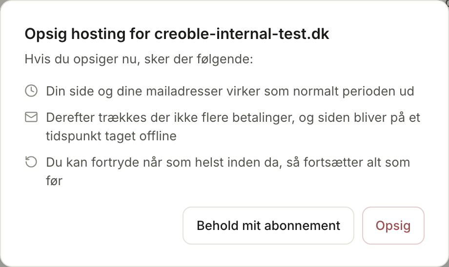 Første trin i vinduet Opsig hosting med knapperne Behold mit abonnement og Opsig
