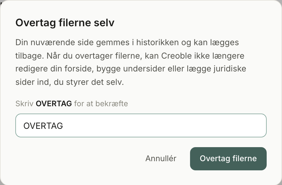 Vinduet Overtag filerne selv med feltet, hvor der står OVERTAG, og knapperne Annullér og Overtag filerne