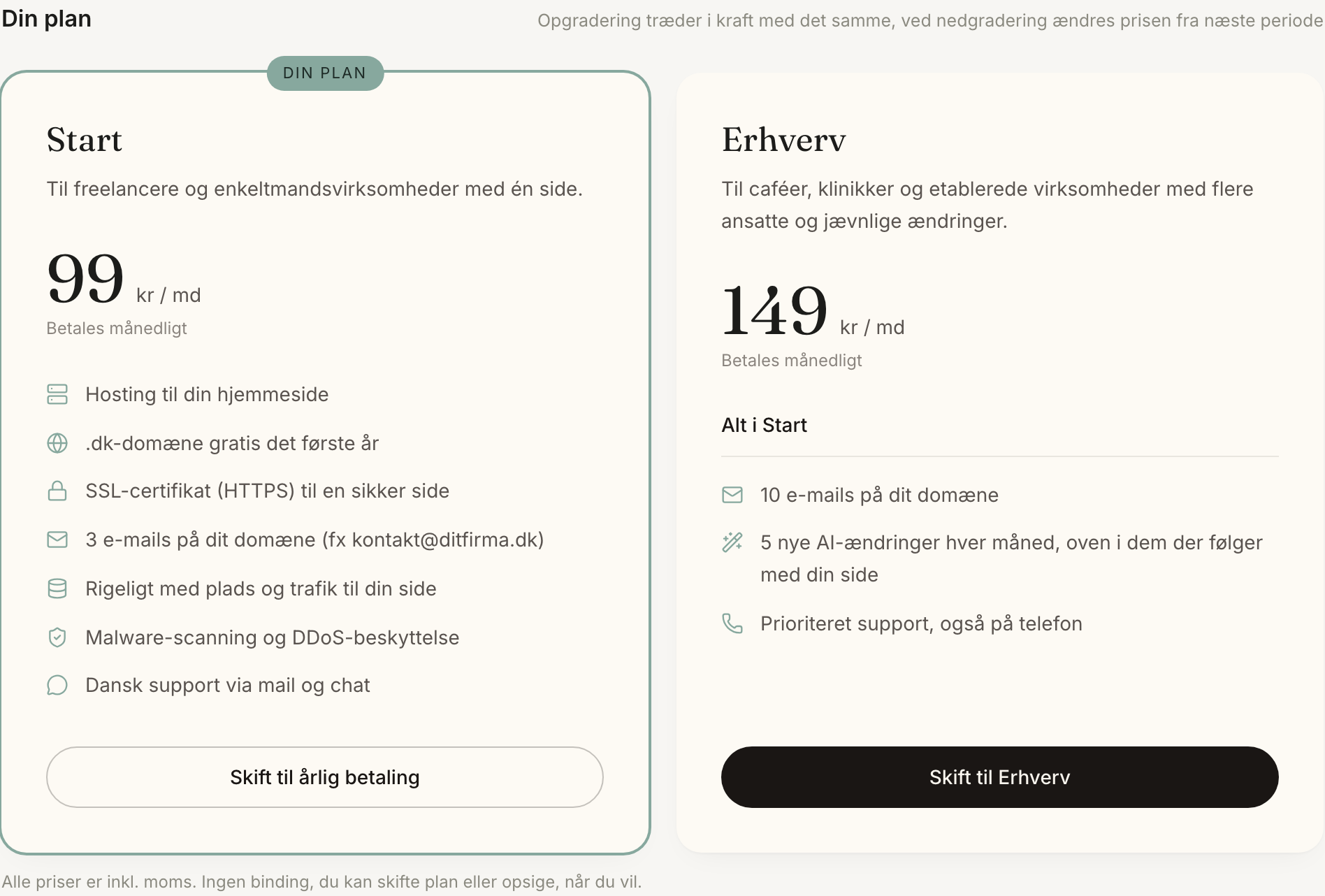 Plankortene under Din plan på Indstillinger