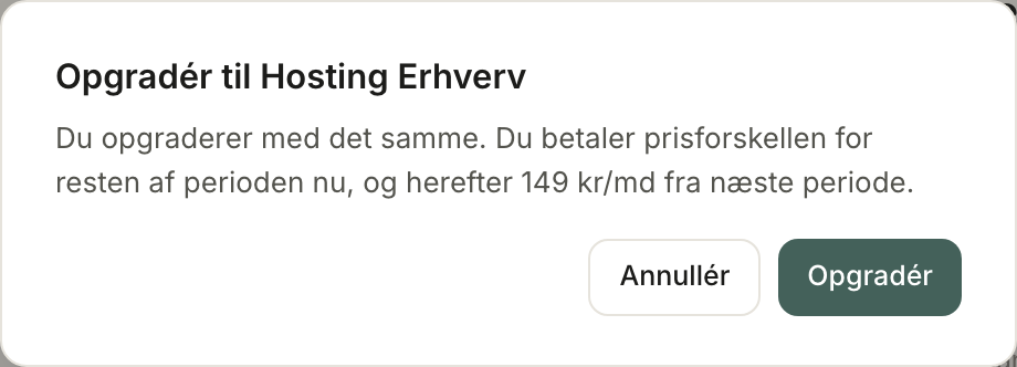 Vinduet Opgradér til Hosting Erhverv med knapperne Annullér og Opgradér