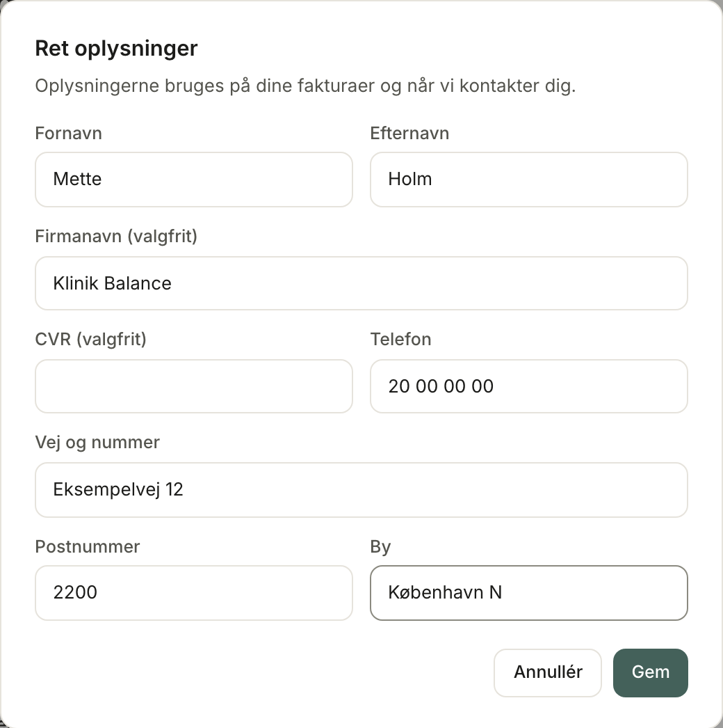Vinduet Ret oplysninger med felter for navn, firmanavn, CVR, telefon og adresse