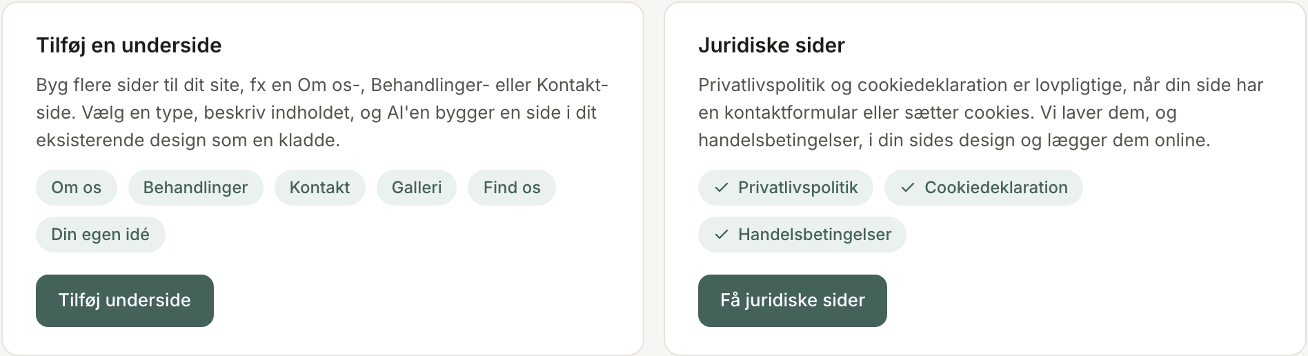Kortene Tilføj en underside og Juridiske sider under Udvid din side