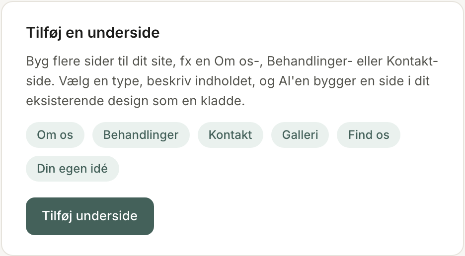 Kortet Tilføj en underside med sidetyperne og knappen Tilføj underside